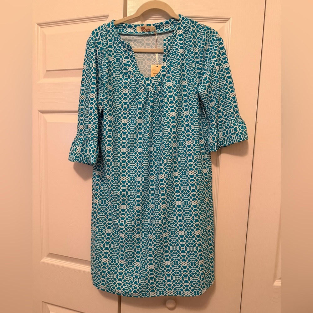 Aryeh Teal and White Geometric Dress